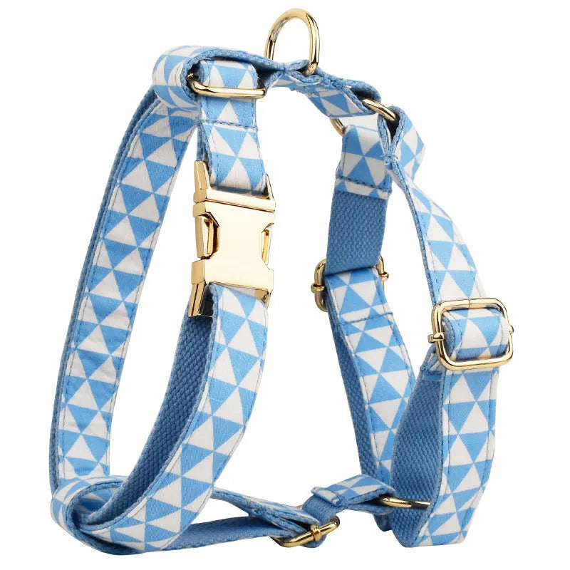 Blue cloth dog collar, leash, decorative bow, and vest set for small to medium dogs