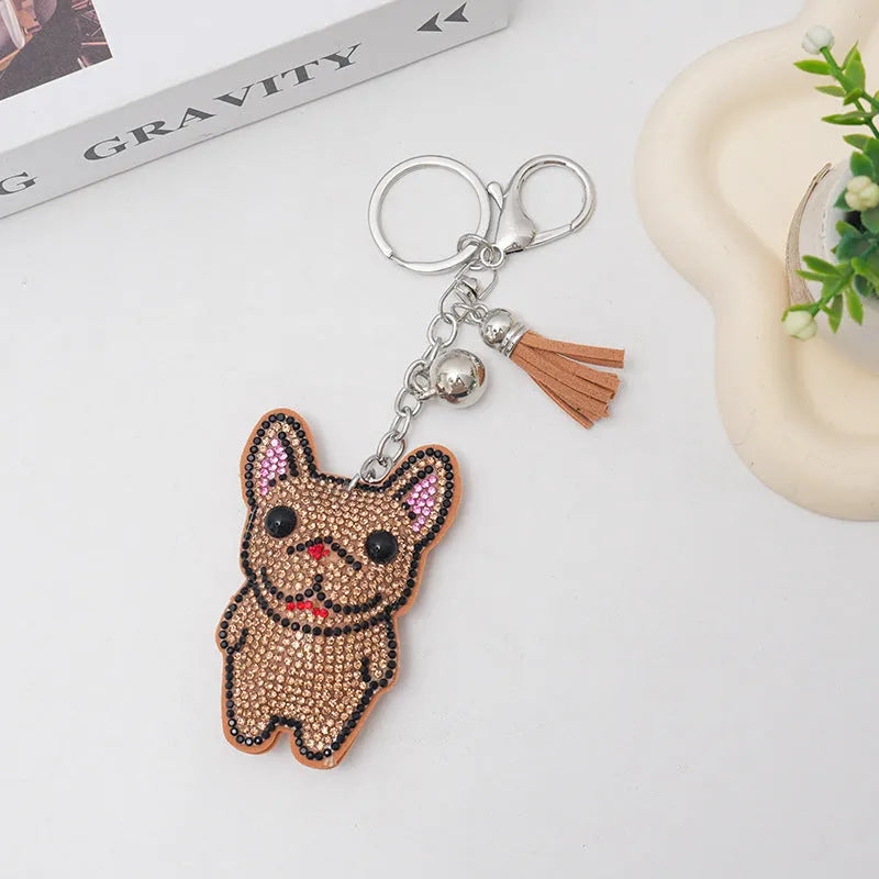 French dog cartoon rhinestone keychain with diamond tassel in alloy, colours white gray caramel lake blue