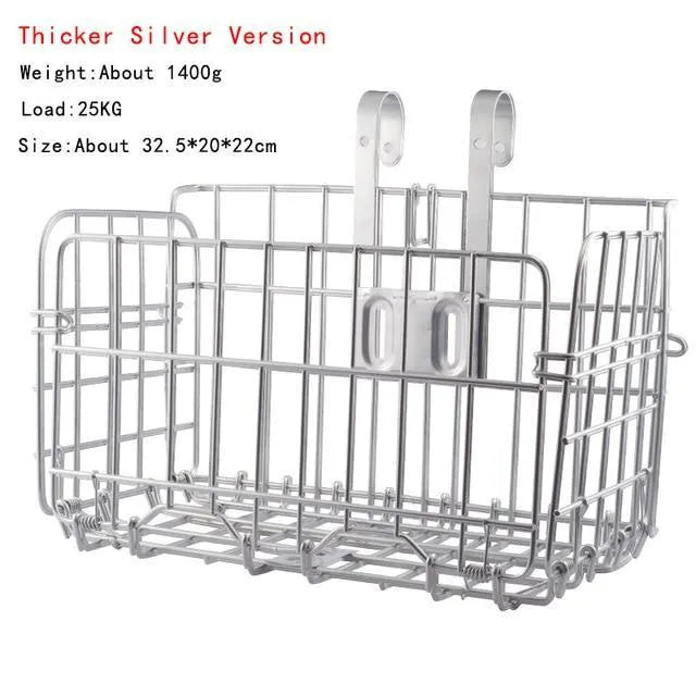 Folding steel bicycle basket in black finish with dimensions 32.5x20x22 cm for mountain road and folded bikes