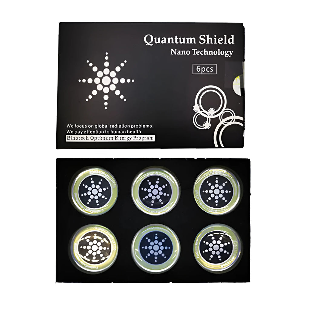 Six anti-radiation mobile phone stickers in gold and silver metallic finishes