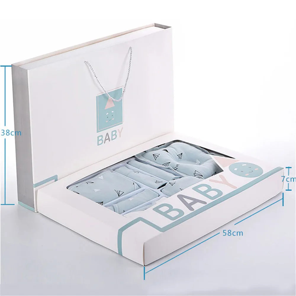 Baby cotton clothes gift box set showing cardigan suits with cartoon patterns in blue and pink