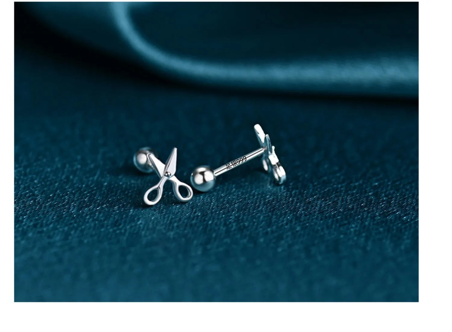 Silver ear nails with screw back closure and mini scissors decorative screw detail