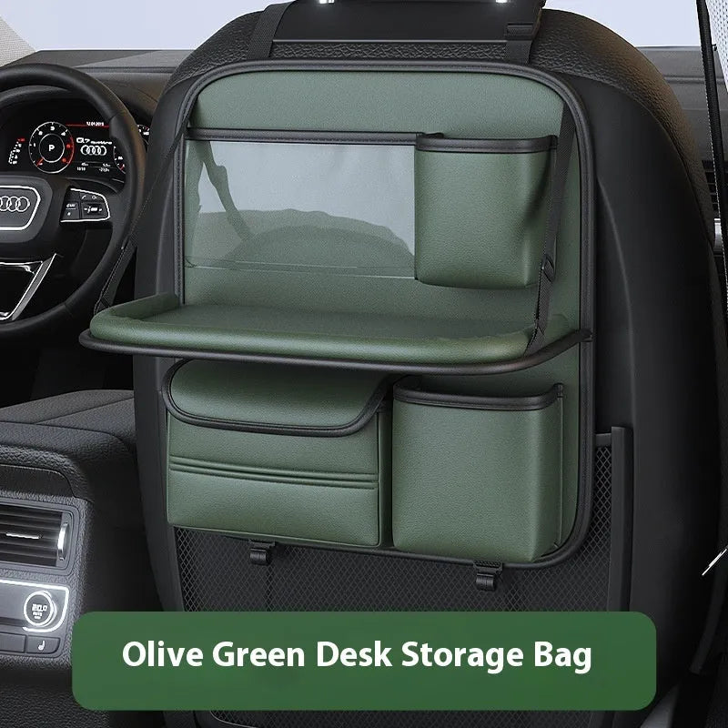 Genuine leather car seat organiser bag with a fold-out table in black, brown, grey, or green.