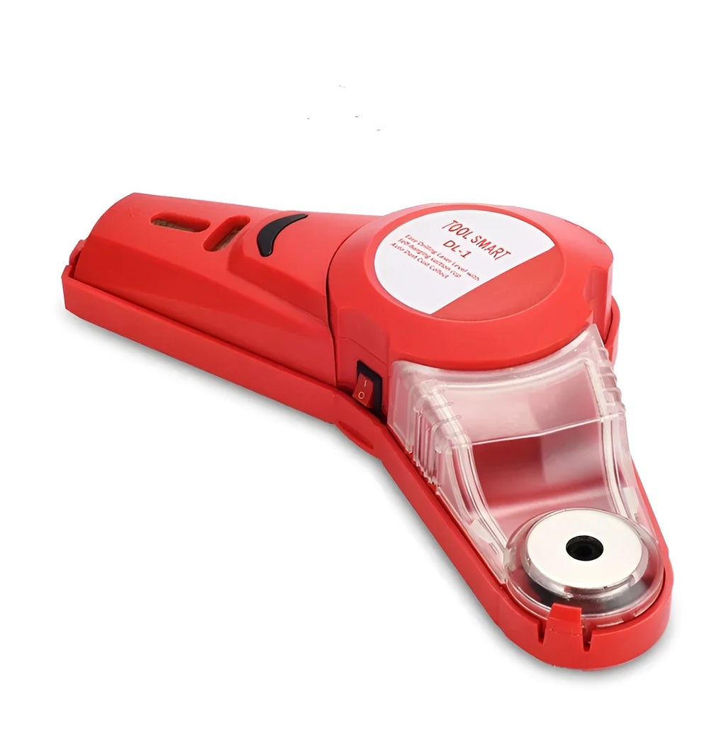 Red portable laser positioning level tool for woodworking and punching alignment on a workbench.