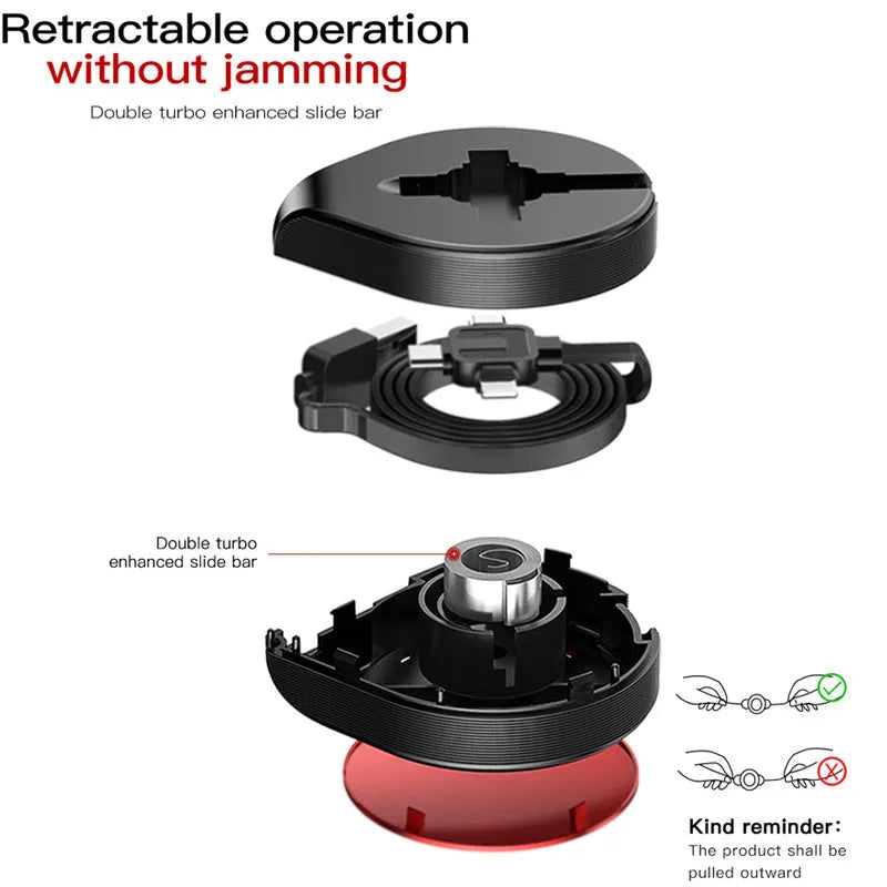 Black telescopic 3-in-1 fast charging cable extended to 1m with Micro USB, USB-C, and Lightning connectors
