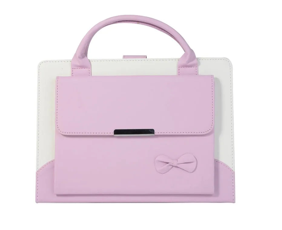 Imitation leather iPad case with bow handbag design, wallet style, sleep function, compatible with iPad mini, Air, Pro.