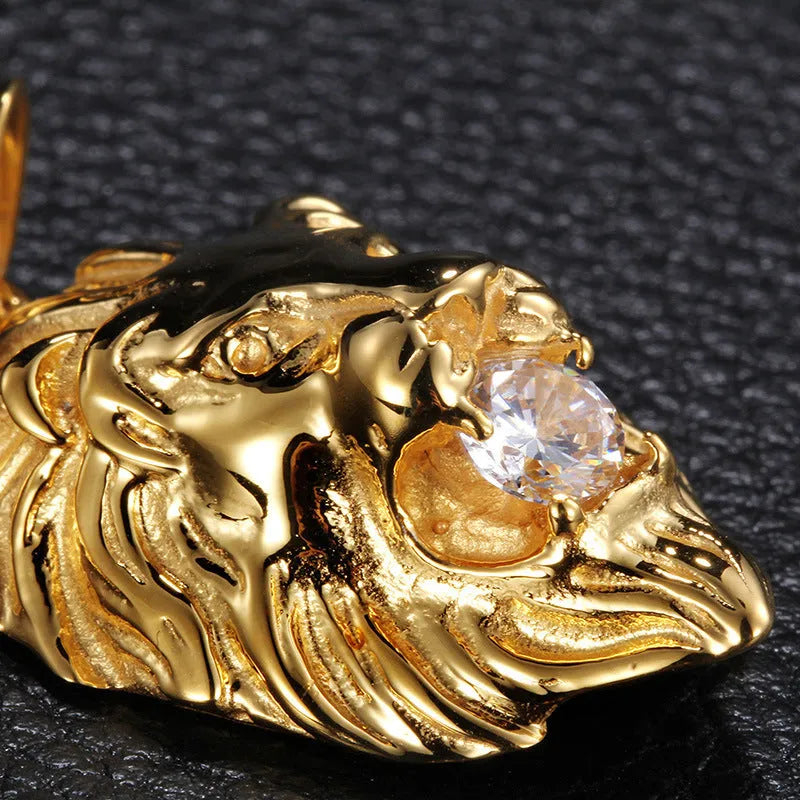 Gold alloy lion's head pendant necklace for men on display