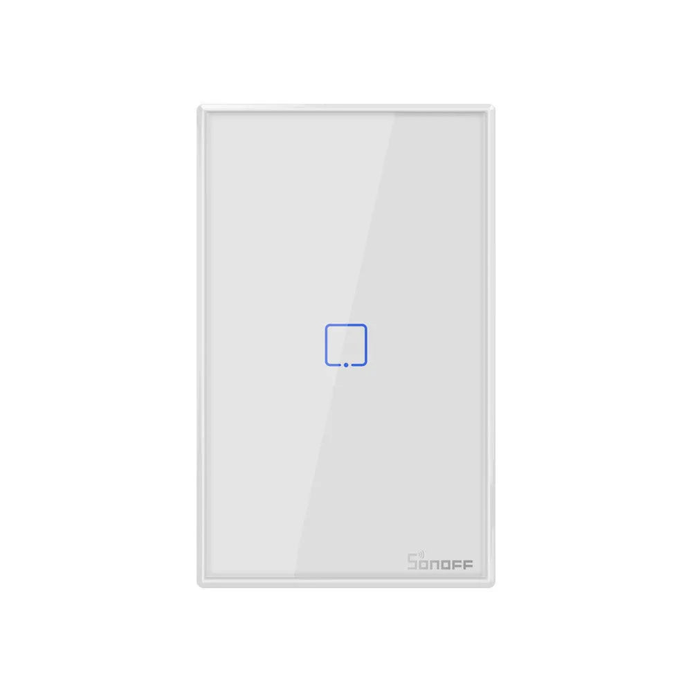 White tempered glass smart touch wall switch with single gang design on a wall