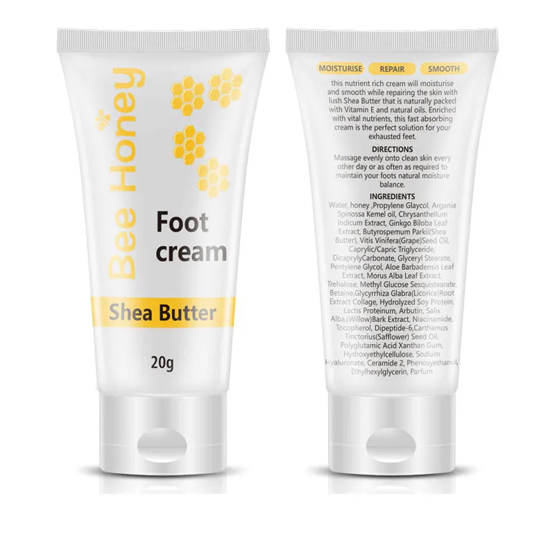 White tube of honey moisturising foot cream 20g with honey and avocado extracts