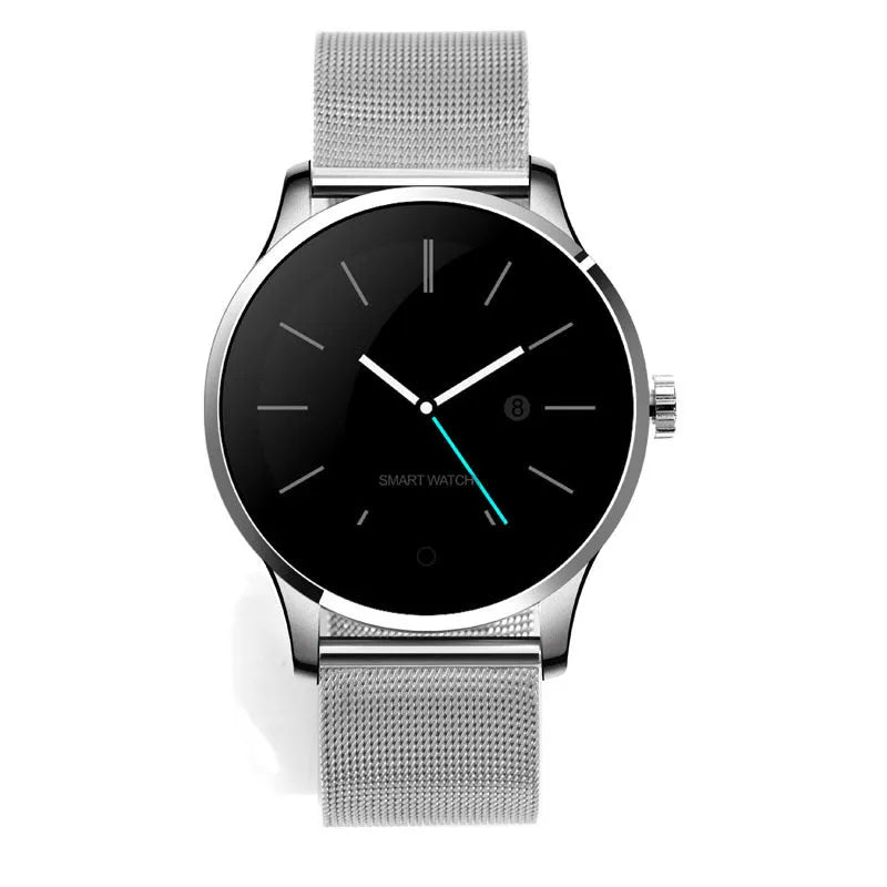 K88H smartwatch with heart rate monitoring on wrist in black case with steel strap