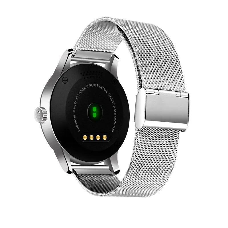 K88H smartwatch with heart rate monitoring on wrist in black case with steel strap