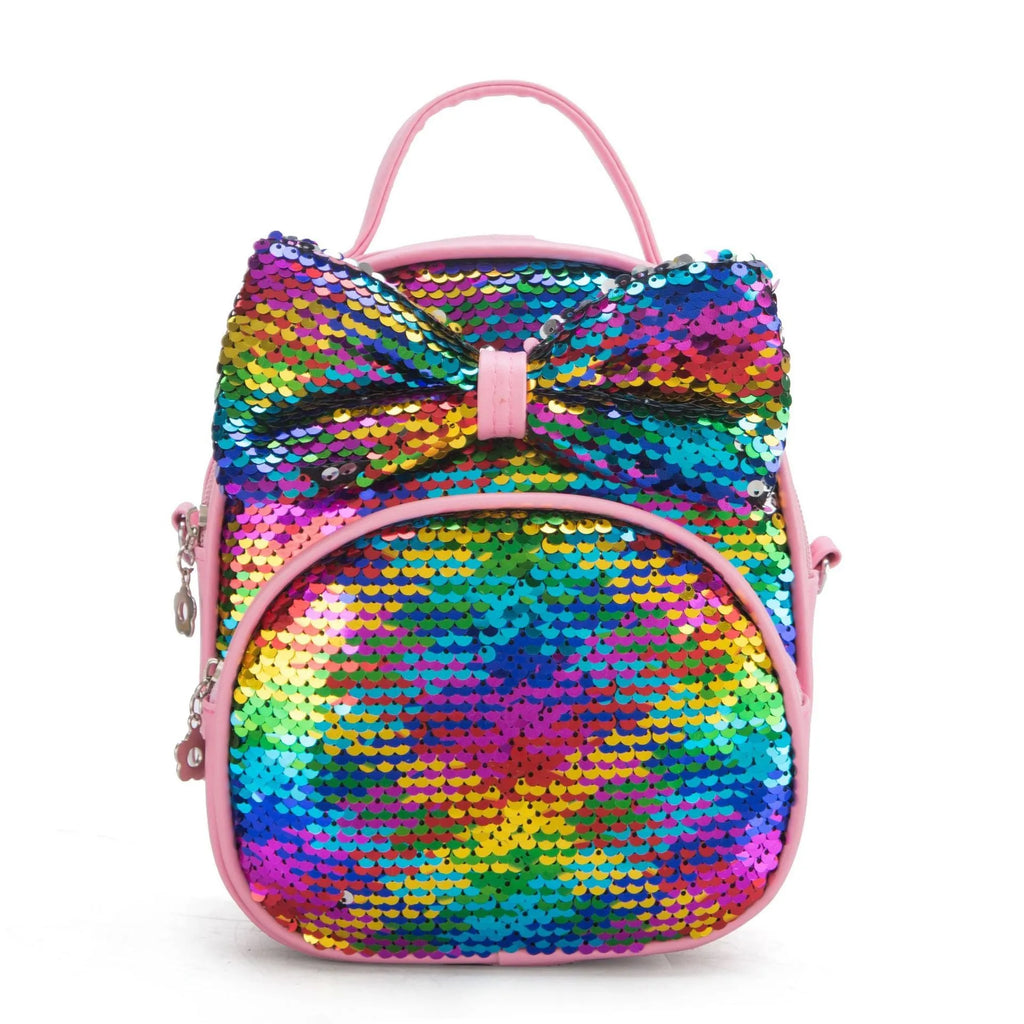 Children's sequined cartoon backpack with bow pattern, padded shoulder strap and soft carry handle, 18x9x21cm.