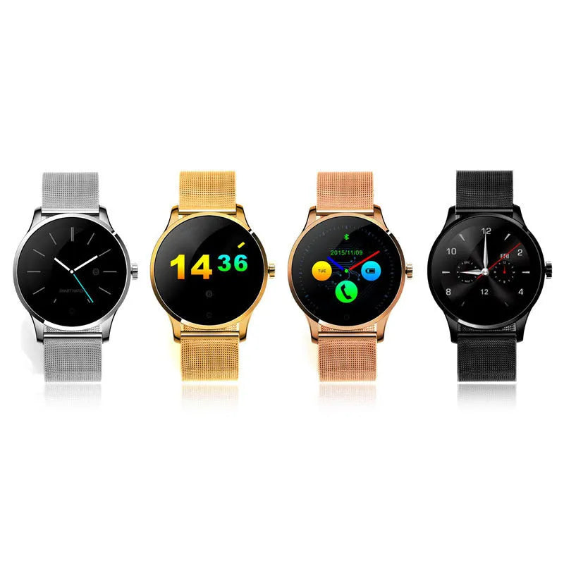 K88H smartwatch with heart rate monitoring on wrist in black case with steel strap