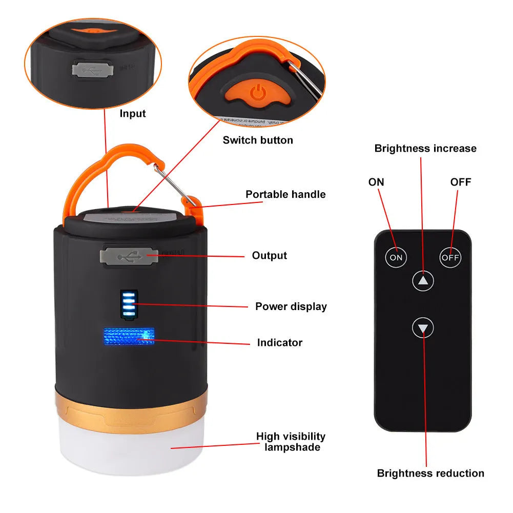 Black rechargeable camping light with remote control, hanging hook and magnetic base, IPX6 waterproof rated