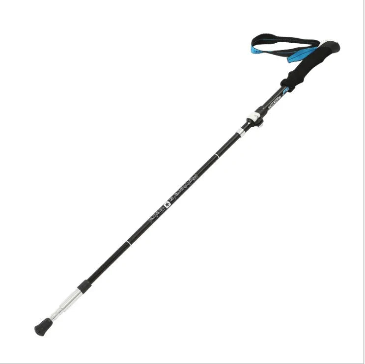 Folding telescopic trekking pole in aluminium alloy with adjustable length 36-130cm in black blue colour
