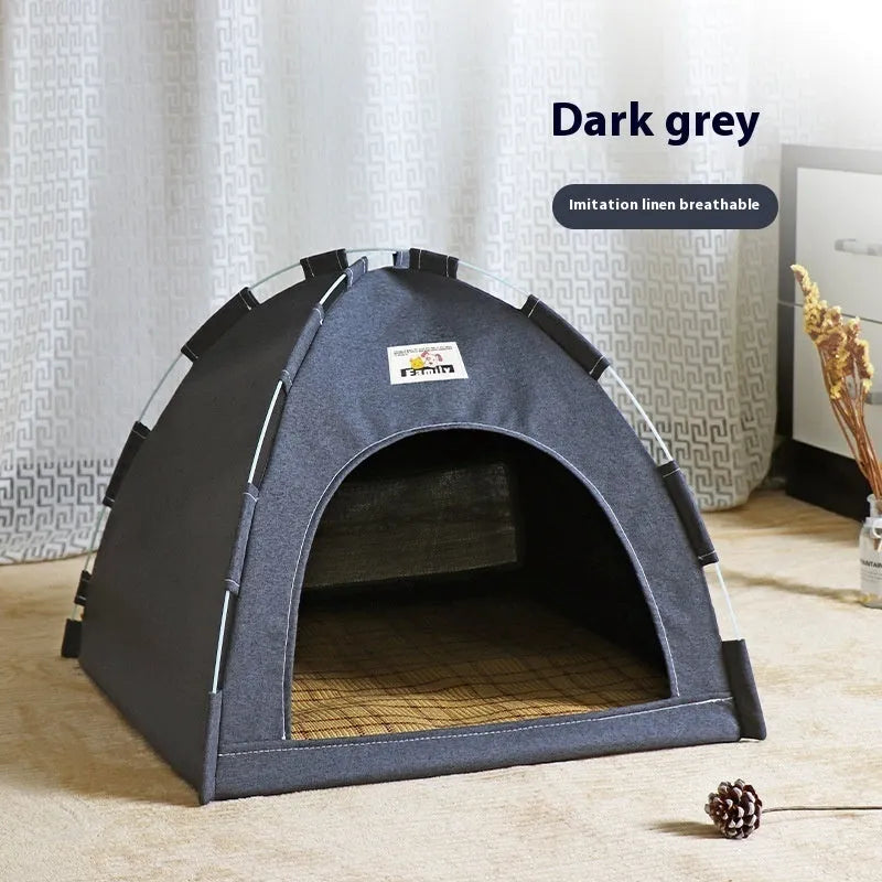 Grey linen-like fabric dog bed tent with removable cover for small medium dogs