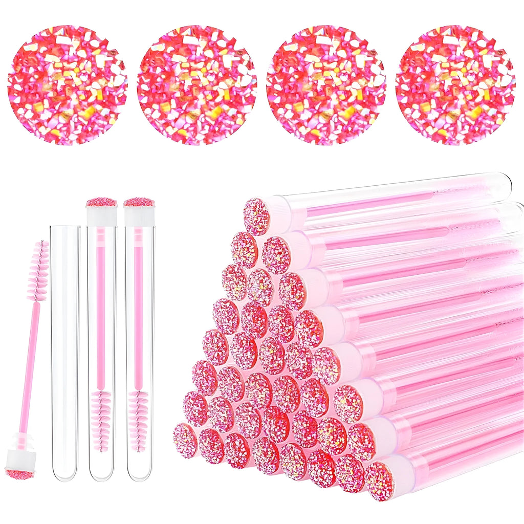 Disposable eyelash spoolie brushes in coloured plastic tubes for mascara and extension cleaning