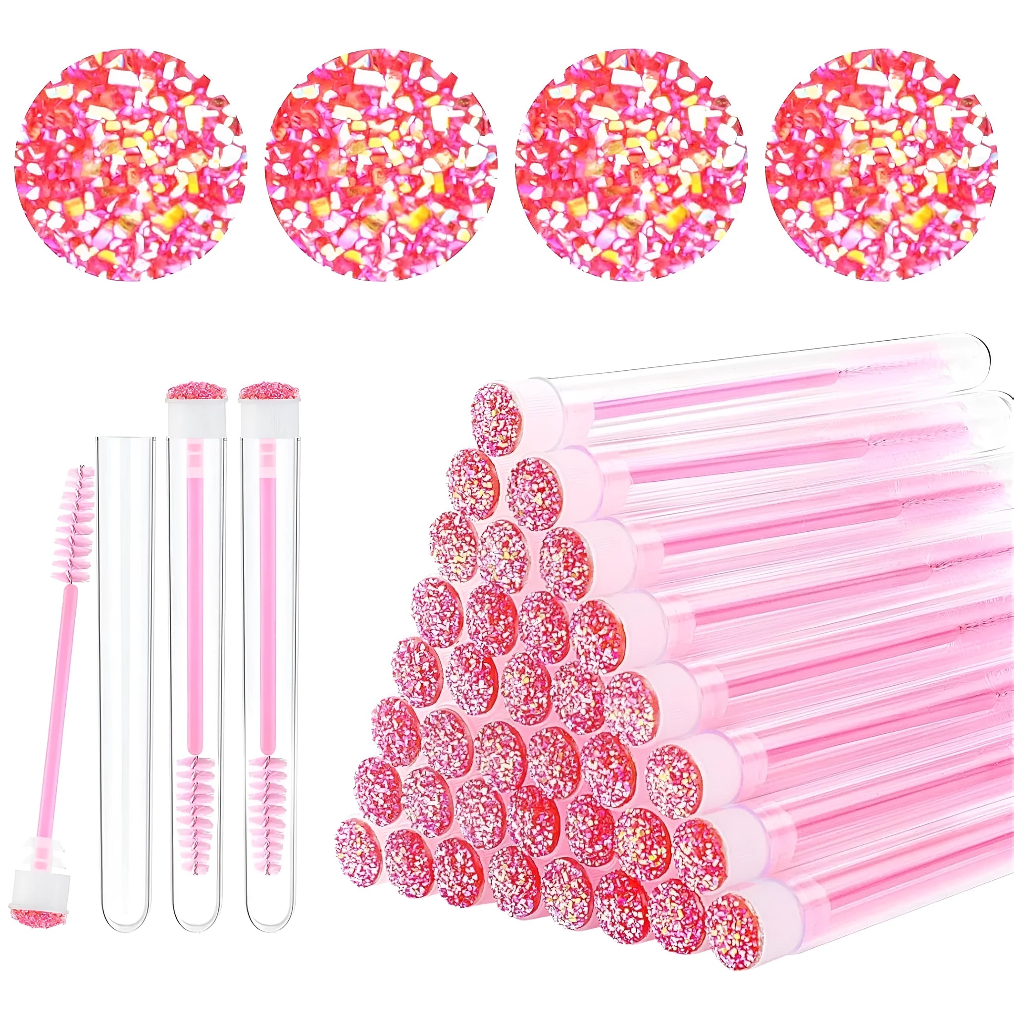 Disposable eyelash spoolie brushes in coloured plastic tubes for mascara and extension cleaning
