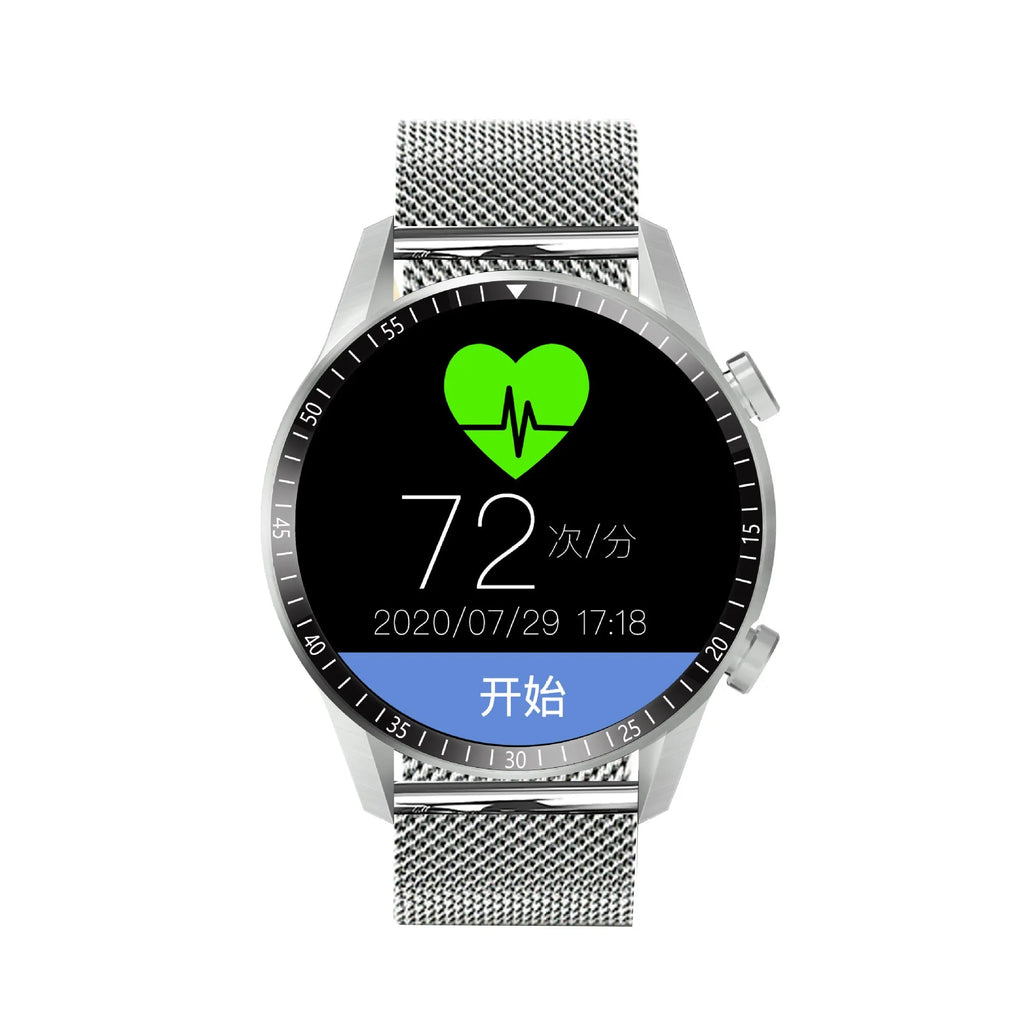 Round smart Bluetooth calling watch with aluminium alloy case on wrist, showing touch screen interface.