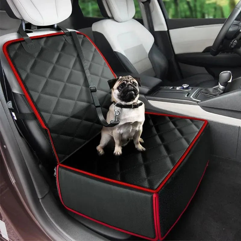 Large black dog car seat pad with non-slip base on a car front seat