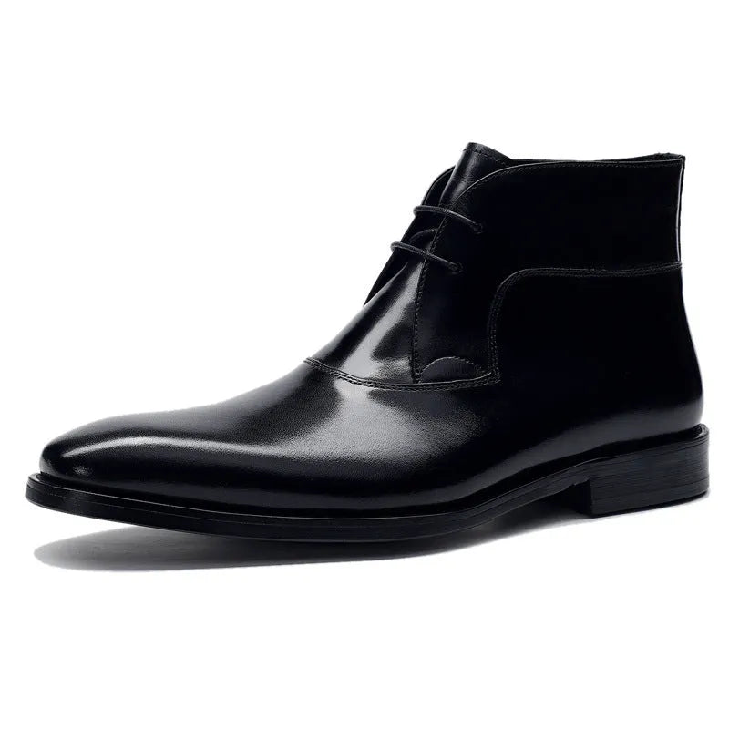 Martin men's autumn winter boot in black with high opening, leather stitching, and front lace up design