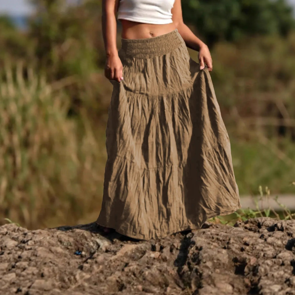 Women's mid-length retro skirt with waist smocking, patchwork and folding detail, viscose fibre, sizes S-XXL