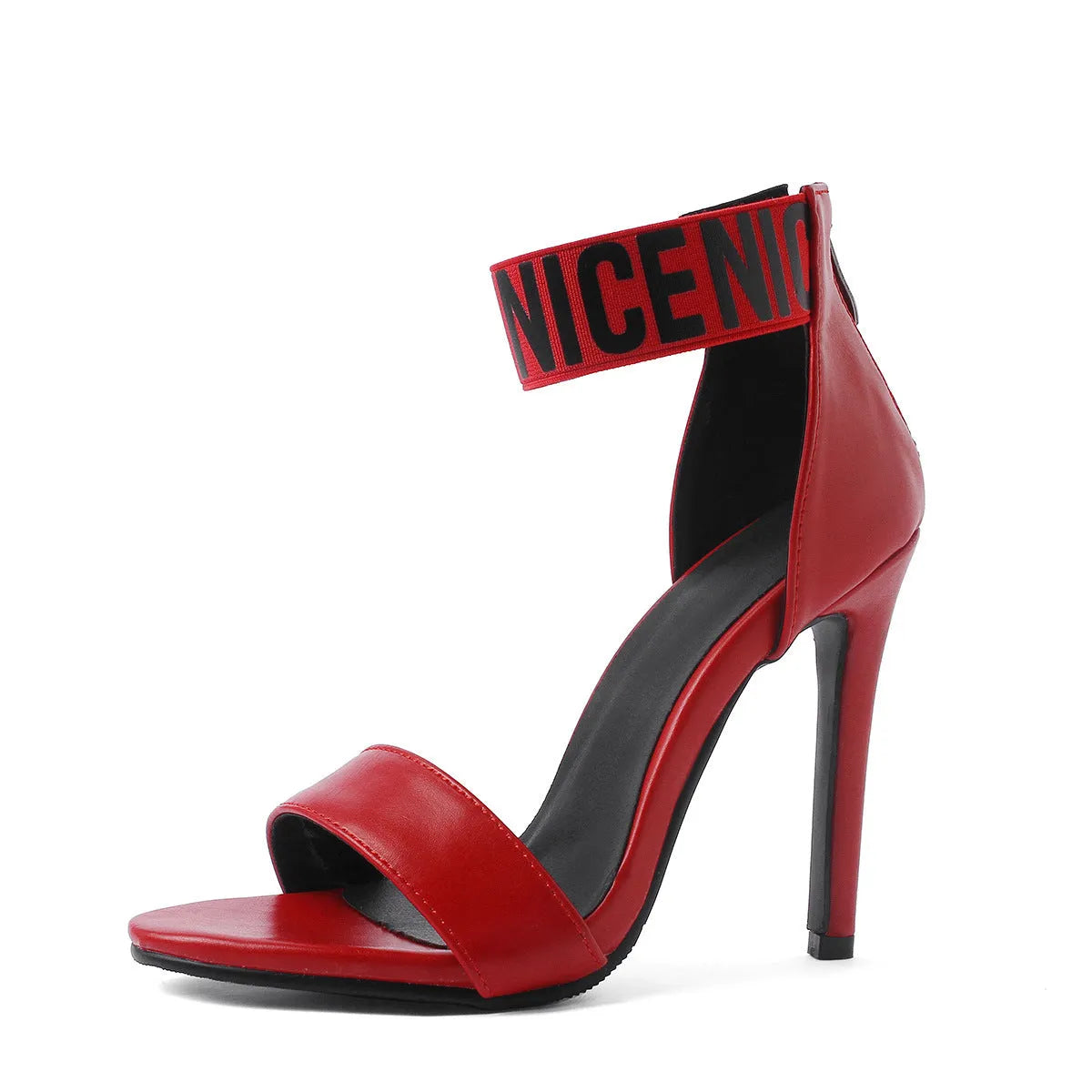 High heel stiletto sandals open toe with buckle strap in black artificial PU