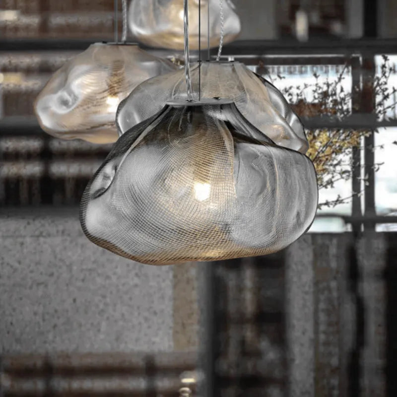 Modern glass fabric chandelier in amber, clear, or smoke grey, available in 200mm and 300mm sizes.