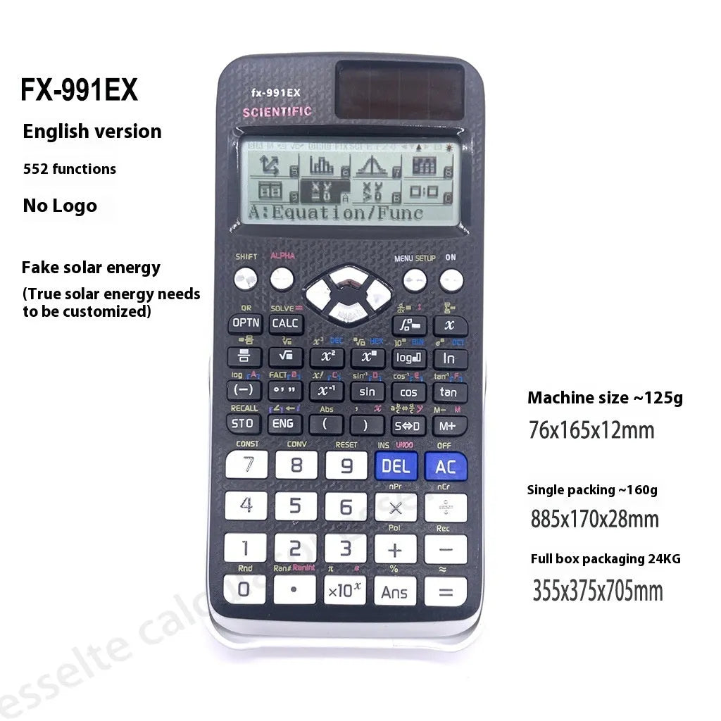 991EX scientific calculator in black, blue, and pink colours showing solar panel and keypad.