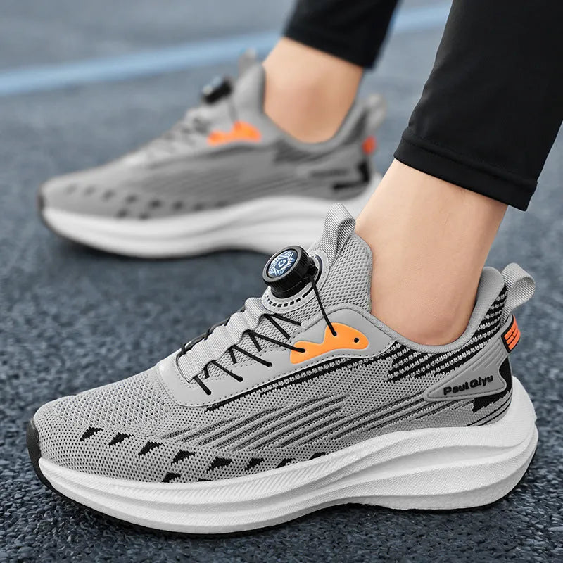 Men's white green Fly-knit mesh casual running shoes with rotating buckle and flat TPU sole.
