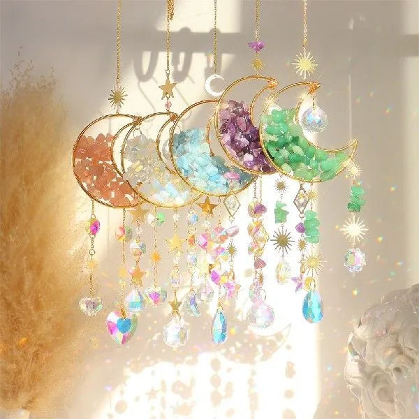 K9 crystal reflective moon pendant car accessory in blue, green, pink, purple, or white.