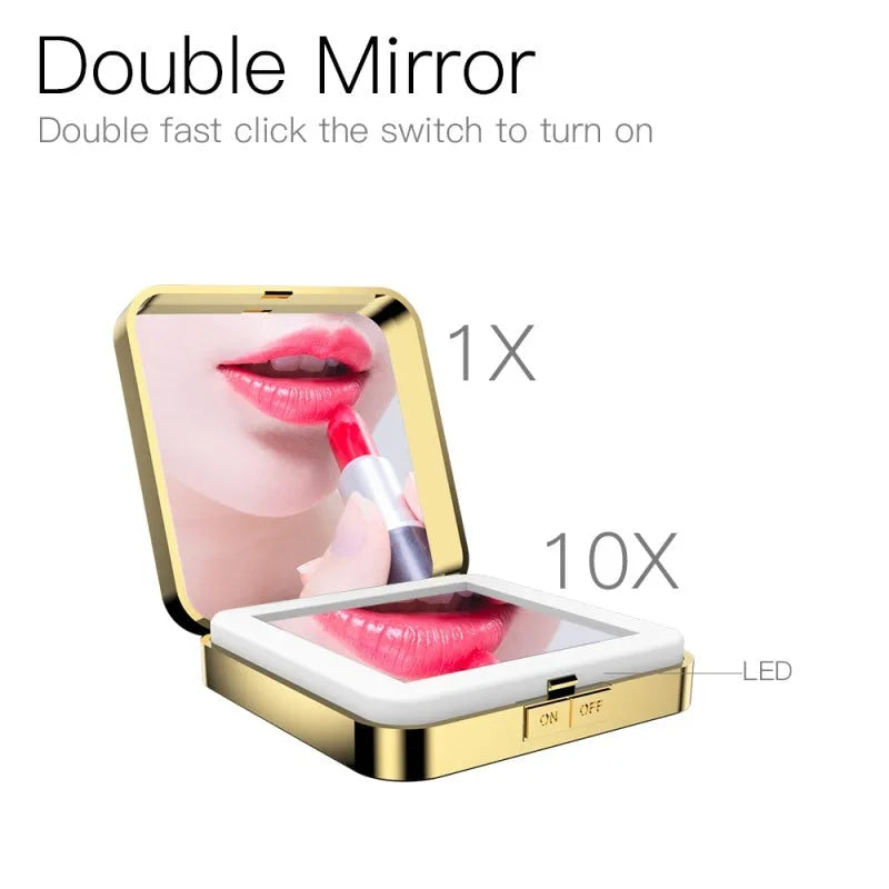 Black and white makeup mirror on table showing magnified and regular mirrors with illuminated ring light