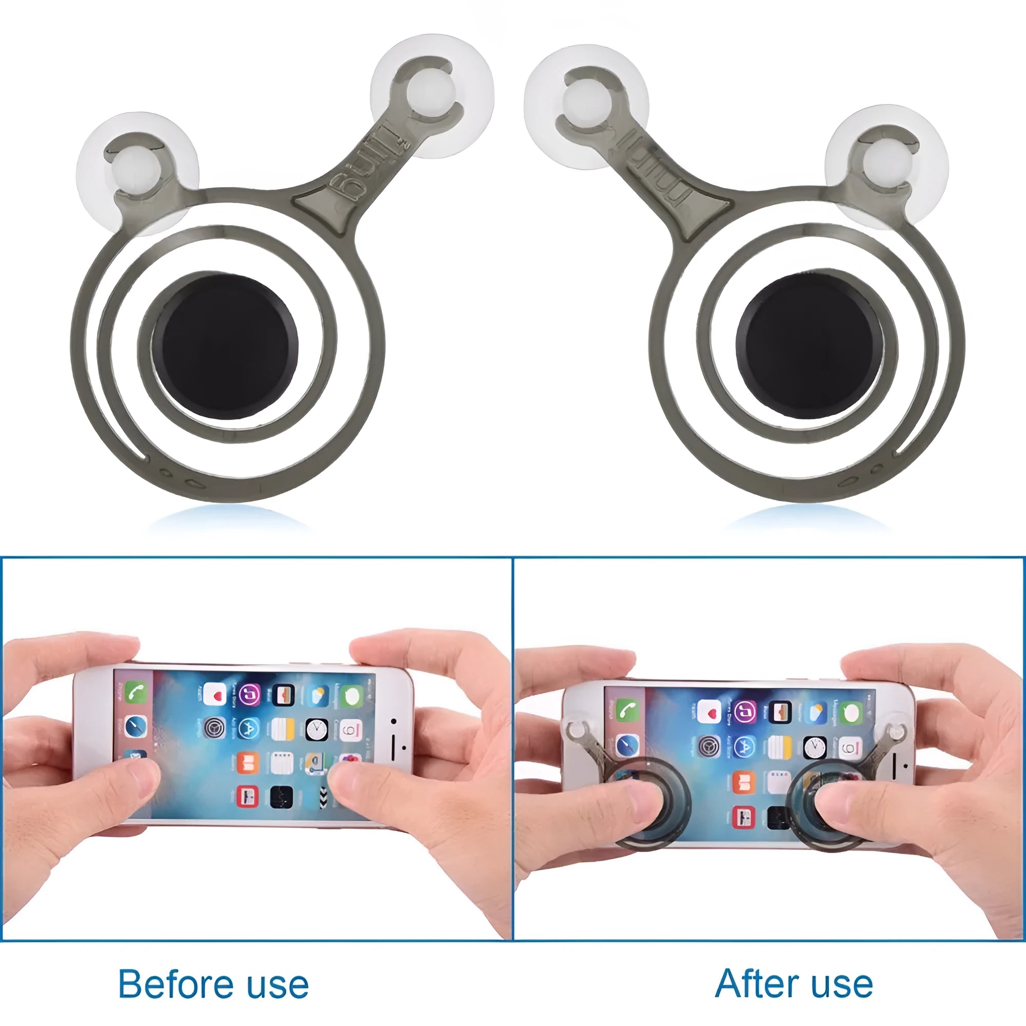A pair of clear and black mini joysticks for mobile phone touch screen gaming.