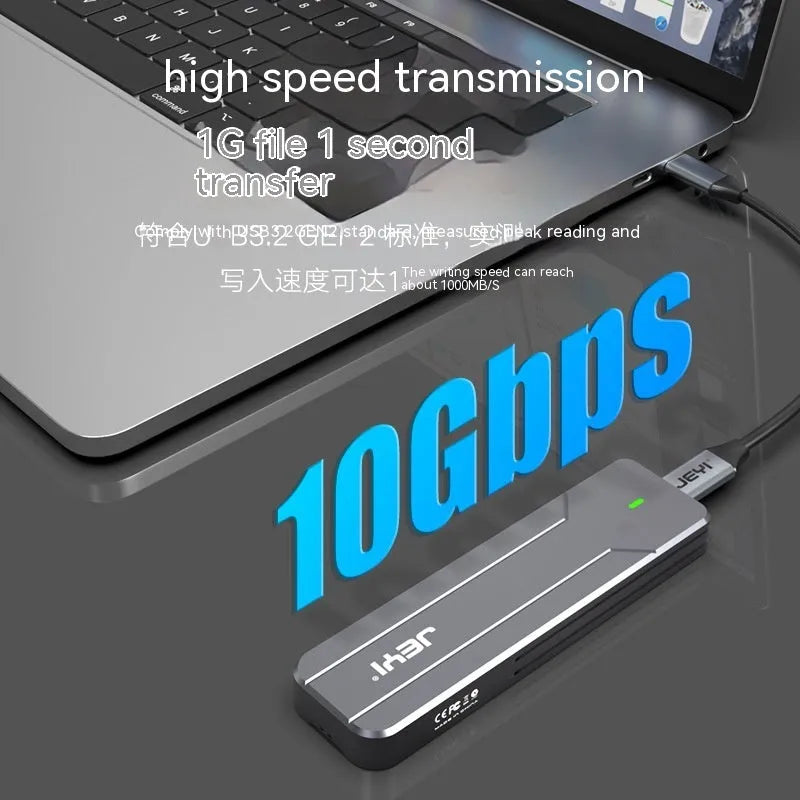 Dark grey aluminium external hard drive enclosure for M.2 SATA and NVMe SSDs with connecting cables.