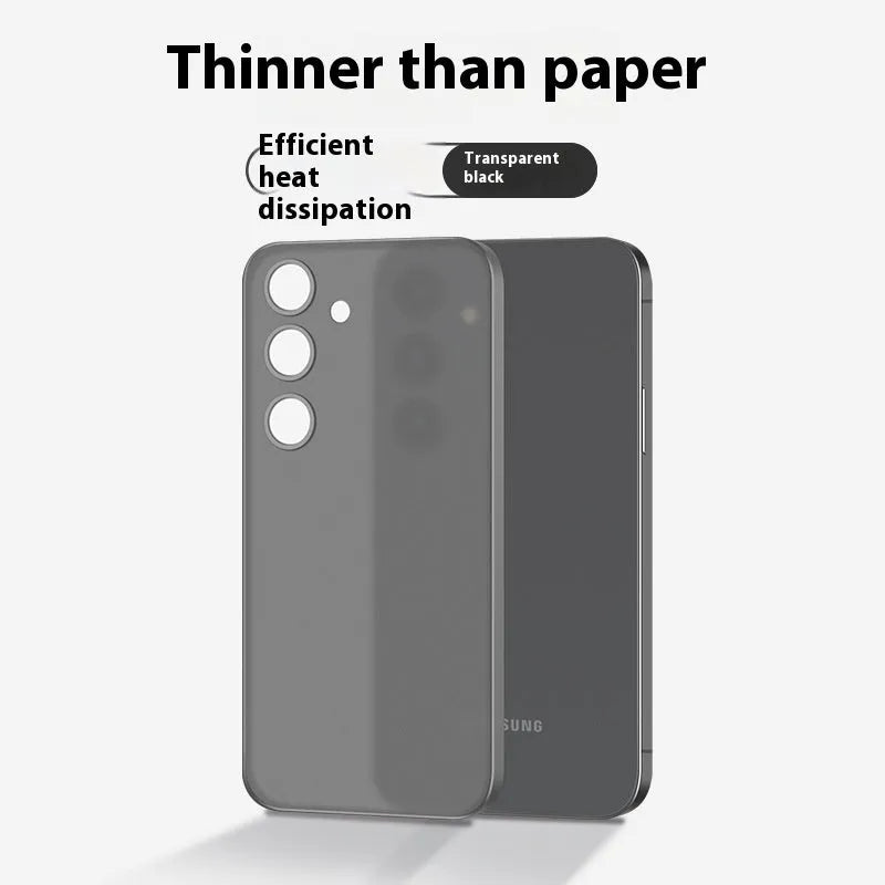 Ultra-thin transparent Samsung phone case with frosted PC finish, all-inclusive border, and bracket in translucent white or black.