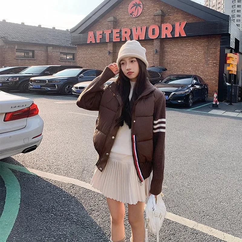 Knitted stitching colour contrast casual cotton-padded jacket with pockets, beige, front view