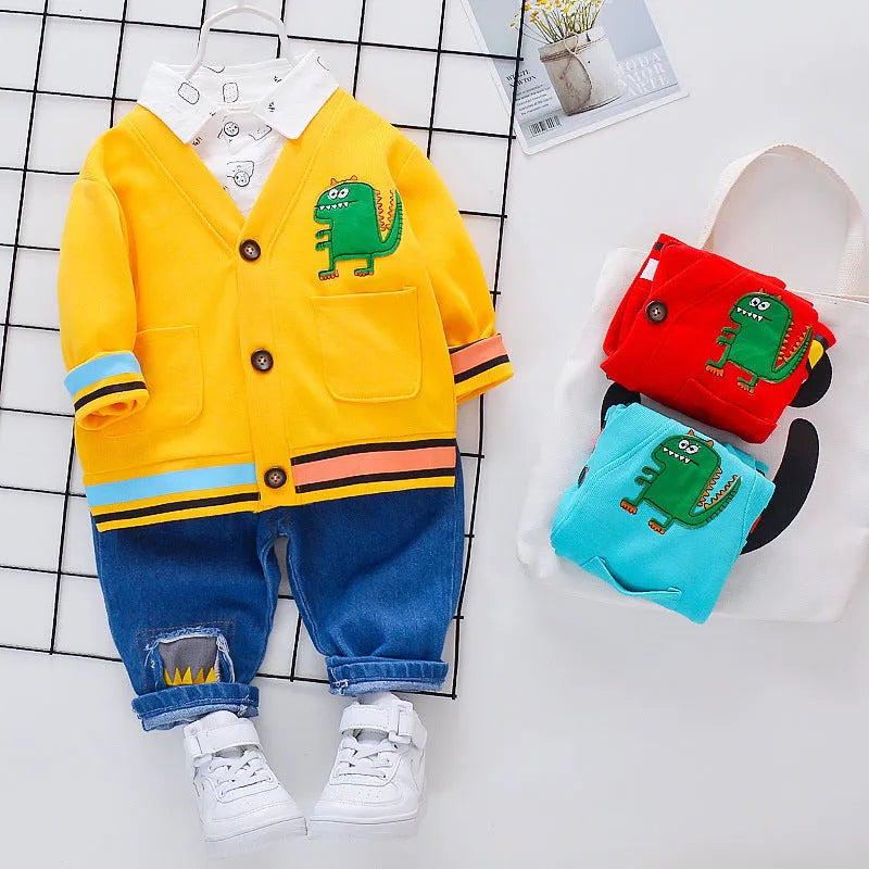 Children's three-piece dinosaur animal set hole outfit in yellow, long sleeve top and trousers, cotton fabric