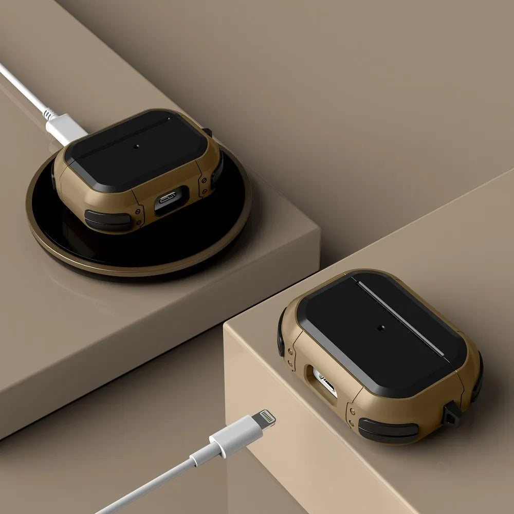 Black TPU and PC protective shell case for Apple AirPods Pro and AirPods 1/2 generation.
