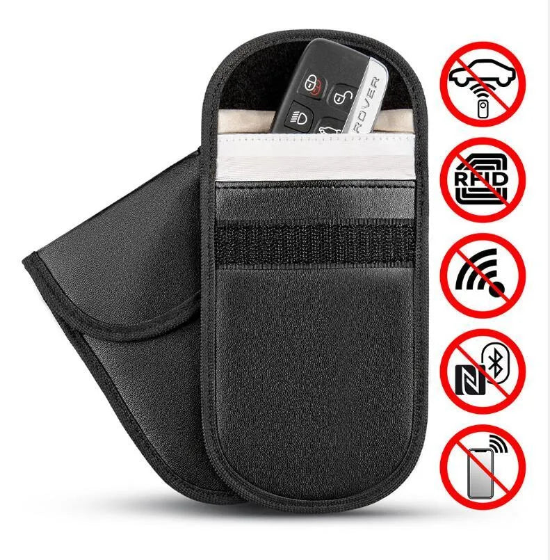 Black microfiber Faraday cage signal blocker bag for car key fobs and RFID cards.