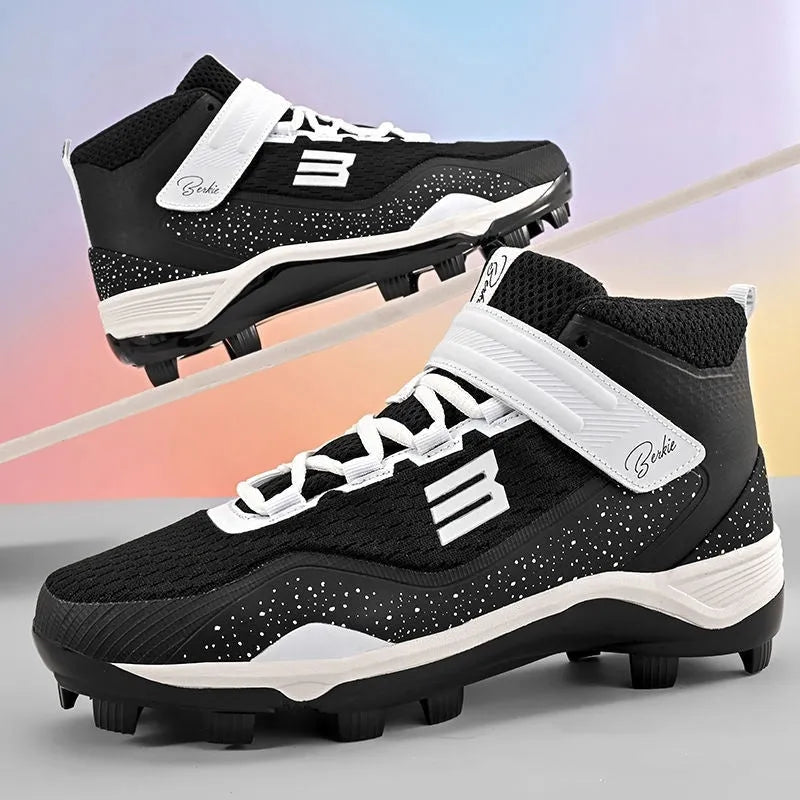 Adult black and white training sneakers with Velcro strap and wear-resistant rubber sole for softball.