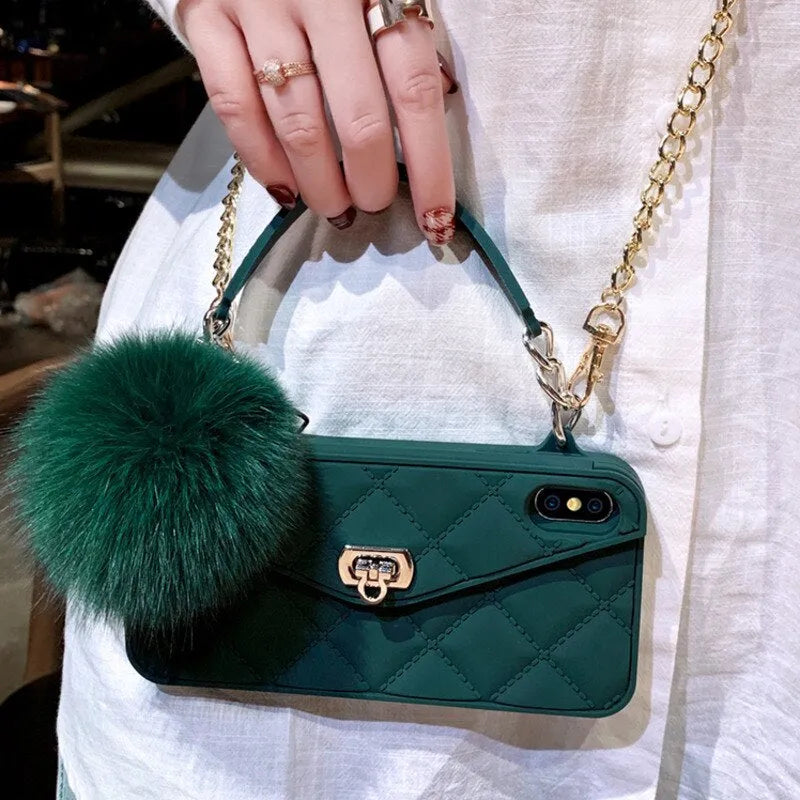 Plush hairball texture TPU back cover for iPhone in dark green grid colour.