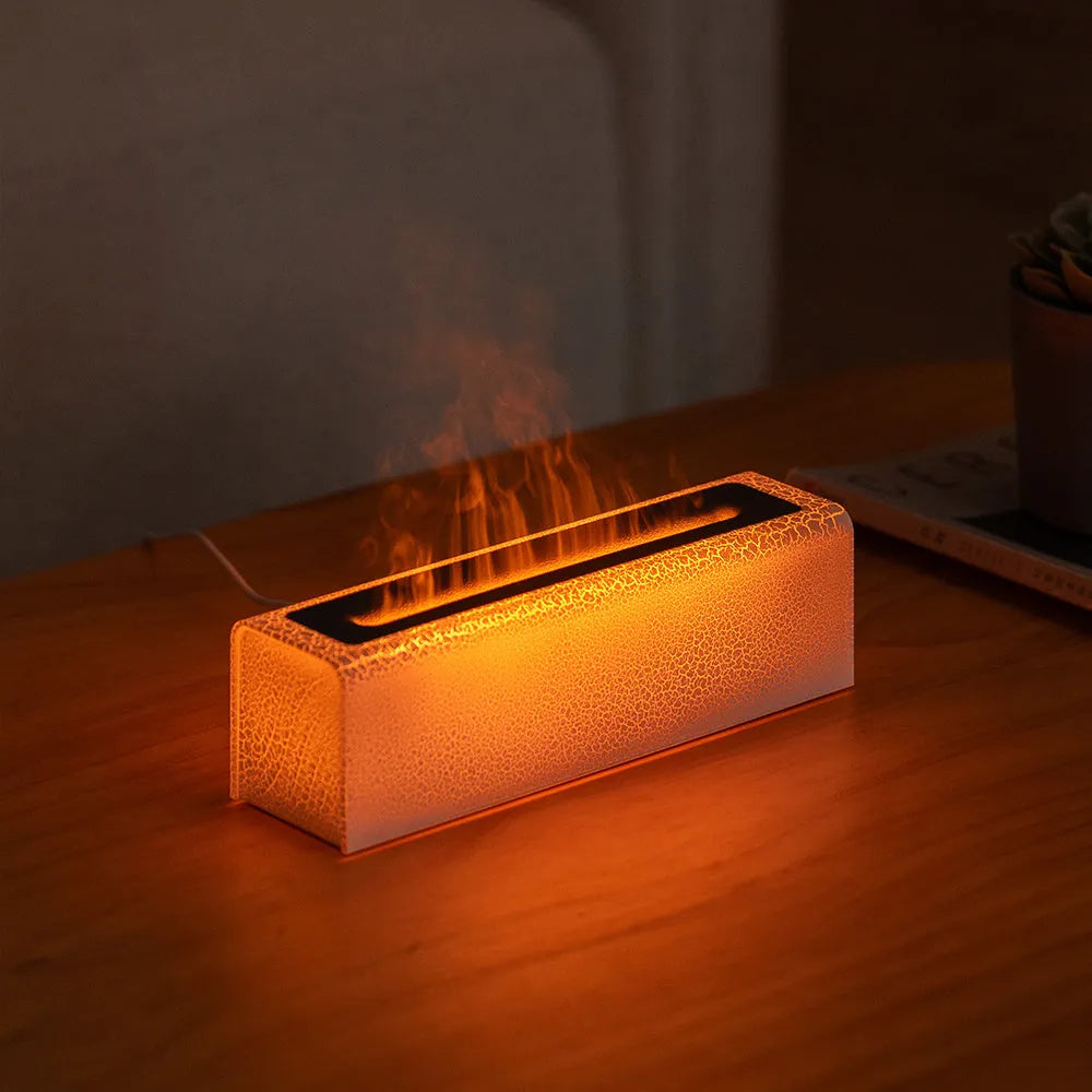 USB lava flame humidifier in black or white with colourful simulated flame and aromatherapy function on a desktop