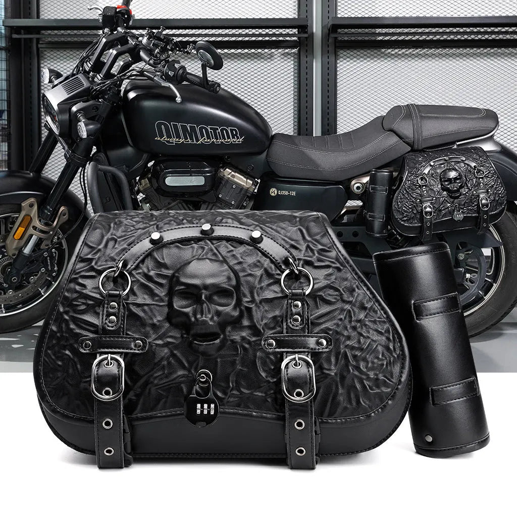 Pair of black PU leather motorcycle modified side luggage bags mounted on a bike.