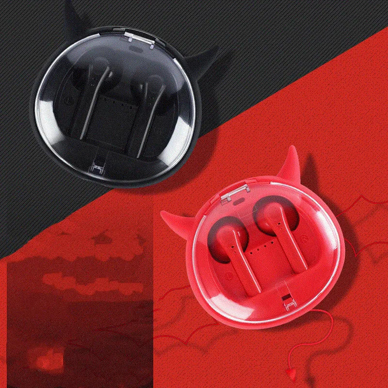 Red true wireless Bluetooth 5.0 in-ear headphones with charging case on a white background