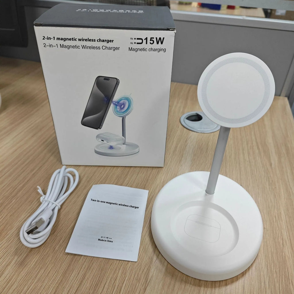 White vertical wireless charging station with cooling holes and smartphone in charging position