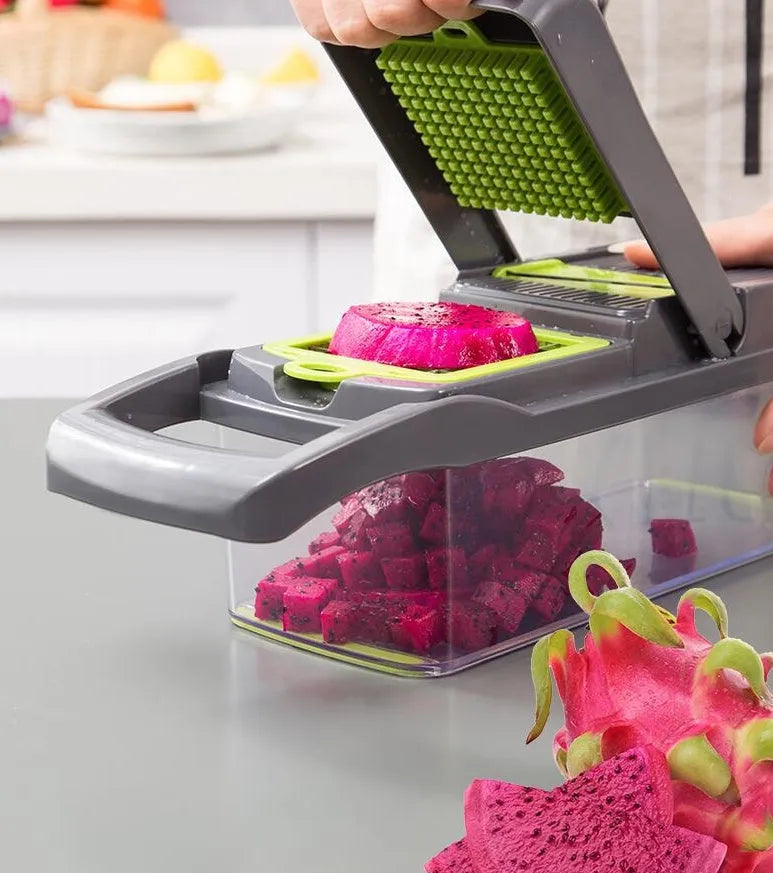 Multi-blade vegetable cutter with wheat straw body and seven stainless steel blades for slicing and dicing on a kitchen counter.