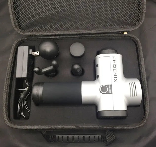 Fascia massage gun with four interchangeable heads in black finish