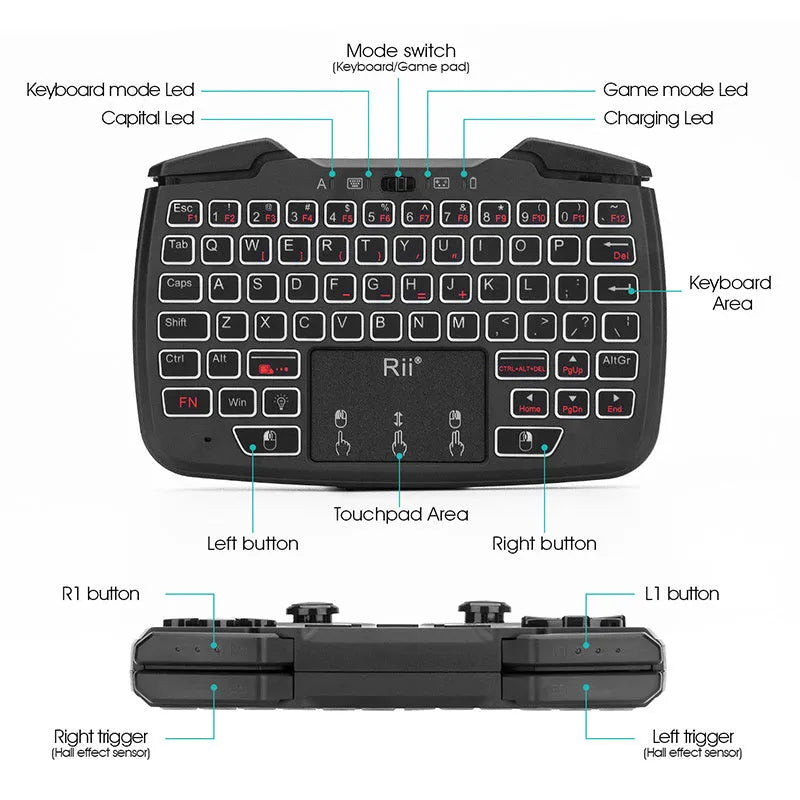 Black wireless mini keyboard with USB interface and ergonomic support