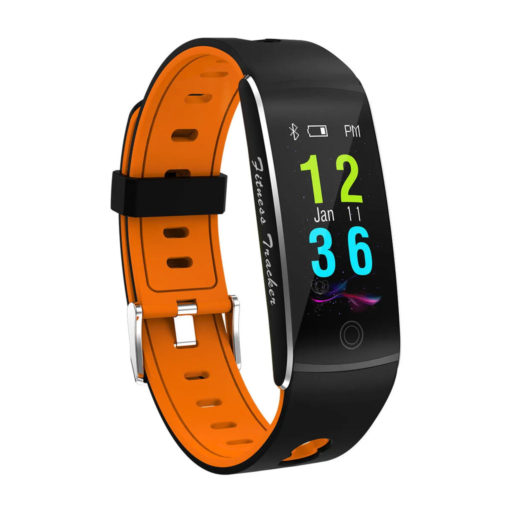 F10T smart bracelet with body temperature monitoring on wrist showing 0.96-inch TFT screen