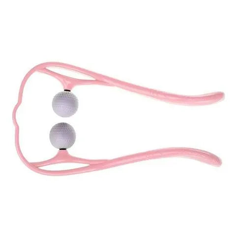 A pink plastic handheld neck and shoulder massager with adjustable rollers on a flexible stand.